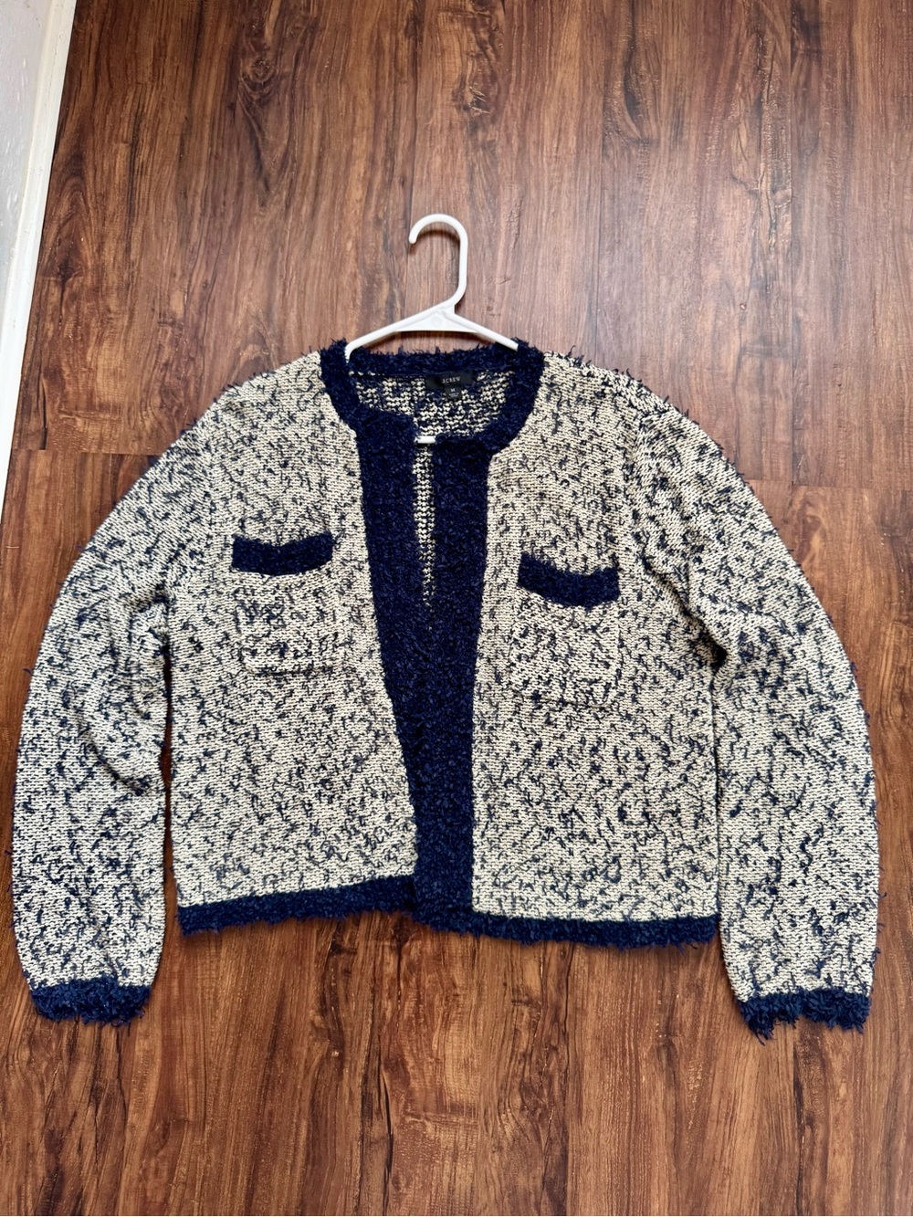 J. Crew Navy and Cream Bouclé Trimmed Cardigan, Size Medium